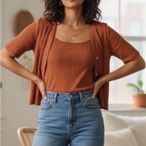 Ribbed Tank & Short-Sleeve Cardigan Set - Rust